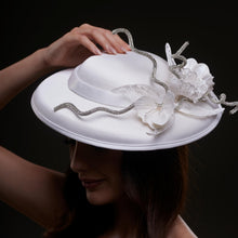 Load image into Gallery viewer, White Satin Hat with Rhinestone Vines and Tropical Flower Appliqués