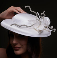 Load image into Gallery viewer, White Satin Hat with Rhinestone Vines and Tropical Flower Appliqués