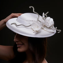 Load image into Gallery viewer, White Satin Hat with Rhinestone Vines and Tropical Flower Appliqués