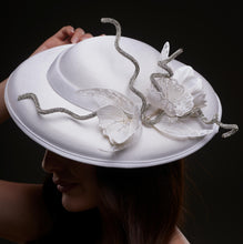 Load image into Gallery viewer, White Satin Hat with Rhinestone Vines and Tropical Flower Appliqués