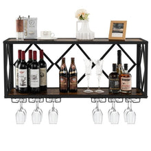 Load image into Gallery viewer, Industrial Rustic Brown Wood Metal Wall Mounted Wine Rack Shelf