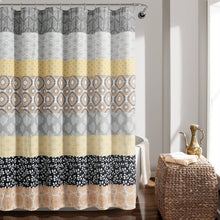 Load image into Gallery viewer, 72-in. Yellow Black White Grey Floral Damask Boho Polyester Shower Curtain