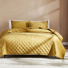 Load image into Gallery viewer, King/CAL King Size 3-Piece Mustard Yellow Velvet Embroidered Super Soft Quilt Set