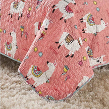Load image into Gallery viewer, King Size Pink Blue Reversible Floral Llama 100-Percent Cotton Quilt Set