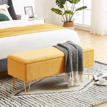 Load image into Gallery viewer, Yellow Sherpa Fabric Upholstered End of Bed Storage Bench with Gold Finish Legs