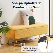 Load image into Gallery viewer, Yellow Sherpa Fabric Upholstered End of Bed Storage Bench with Gold Finish Legs