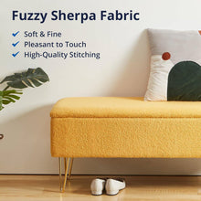 Load image into Gallery viewer, Yellow Sherpa Fabric Upholstered End of Bed Storage Bench with Gold Finish Legs