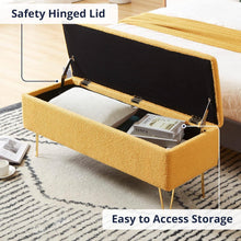 Load image into Gallery viewer, Yellow Sherpa Fabric Upholstered End of Bed Storage Bench with Gold Finish Legs
