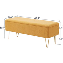 Load image into Gallery viewer, Yellow Sherpa Fabric Upholstered End of Bed Storage Bench with Gold Finish Legs