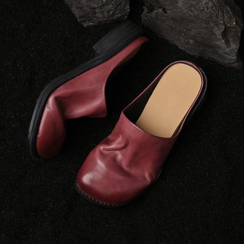 Women's Washed Cowhide Leather Mule Slides | Retro Round-Toe Block Heel Backless Shoes