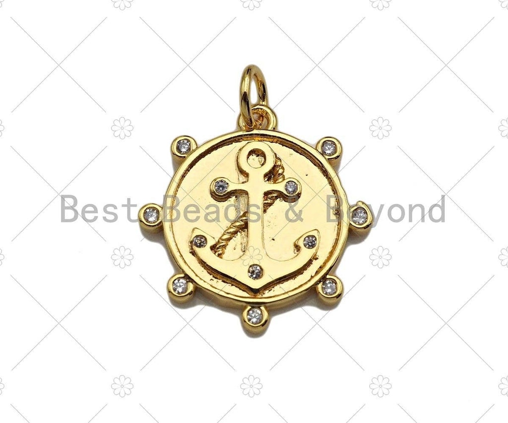 CZ Micro Pave Boat Anchor Coin Pendant/Charm,Sku#L384