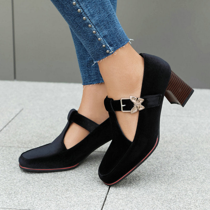 Women's Suede Chunky Heel Pumps – Square Toe Buckle Block Heels | Black, Wine Red, Green