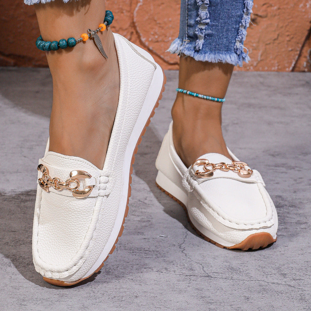 Women's Metal Chain Flat Slip-On Loafers | Breathable PU Preppy Flats