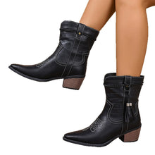 Load image into Gallery viewer, Women's Pointed-Toe Square-Heel Mid-Calf Denim Boots - Vintage Slip-On Boots