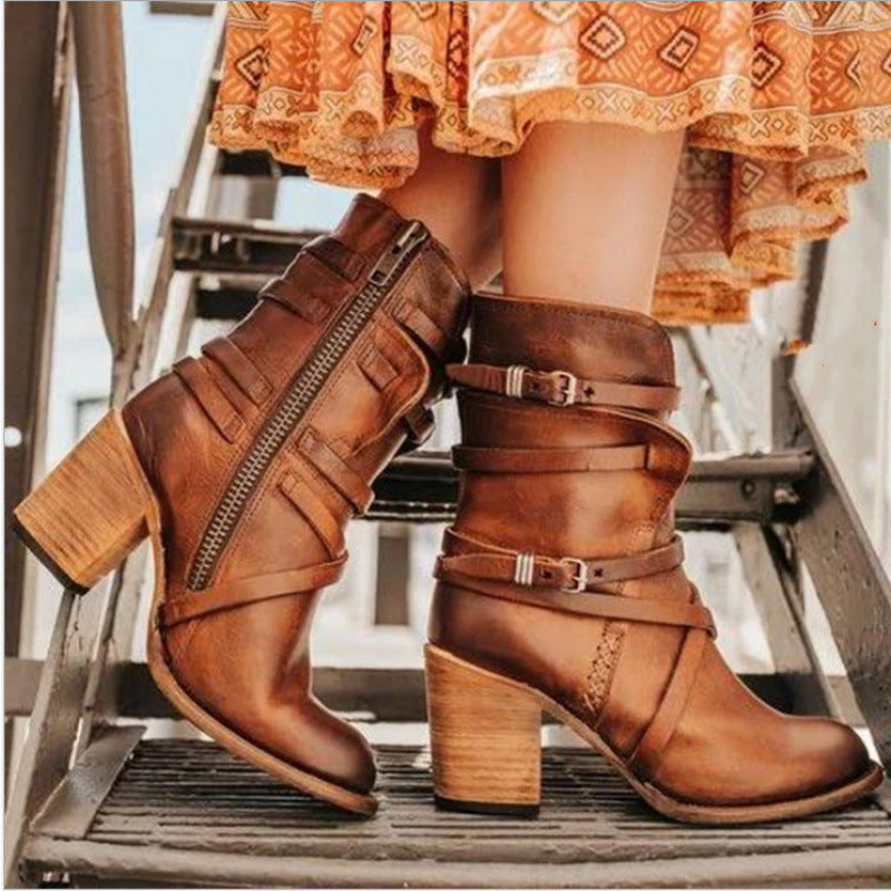 Women's Retro Chunky Heel Ankle Boots – Side Zipper & Buckle Detail