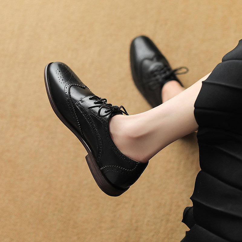 Women's British-Style Lace-Up Peep-Toe Oxford Shoes | Wax Cowhide Leather Flats
