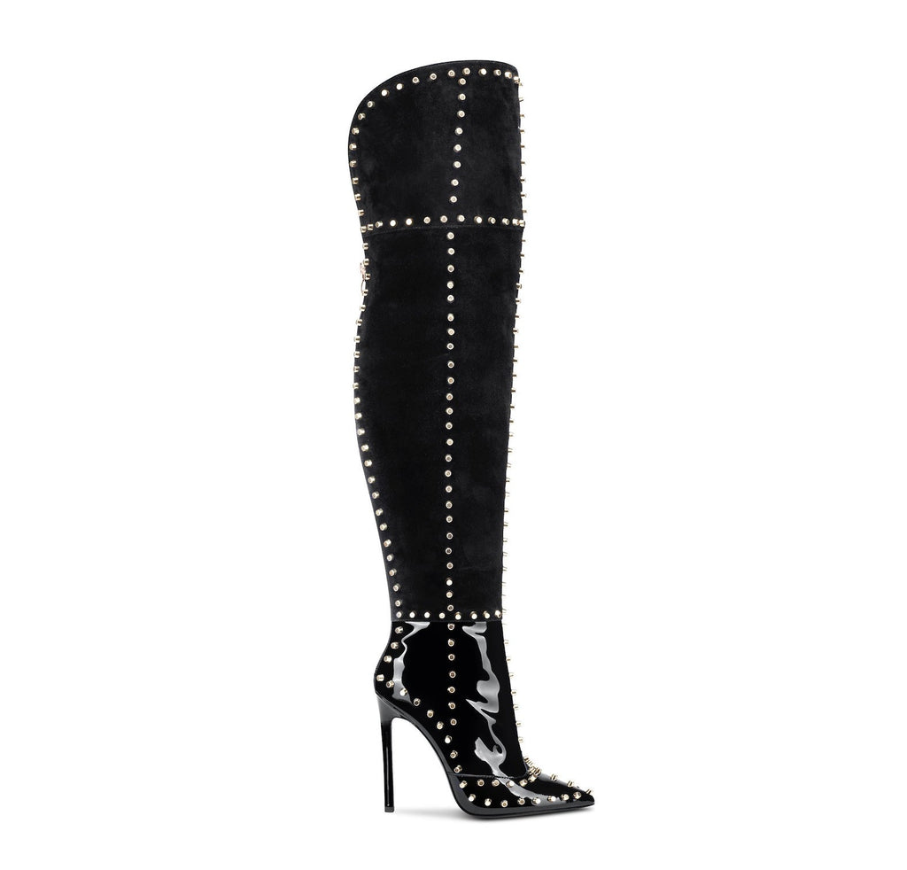 Women's Gold Studded Stiletto Pointed-Toe Fashion Boots | High Heel Slip-On