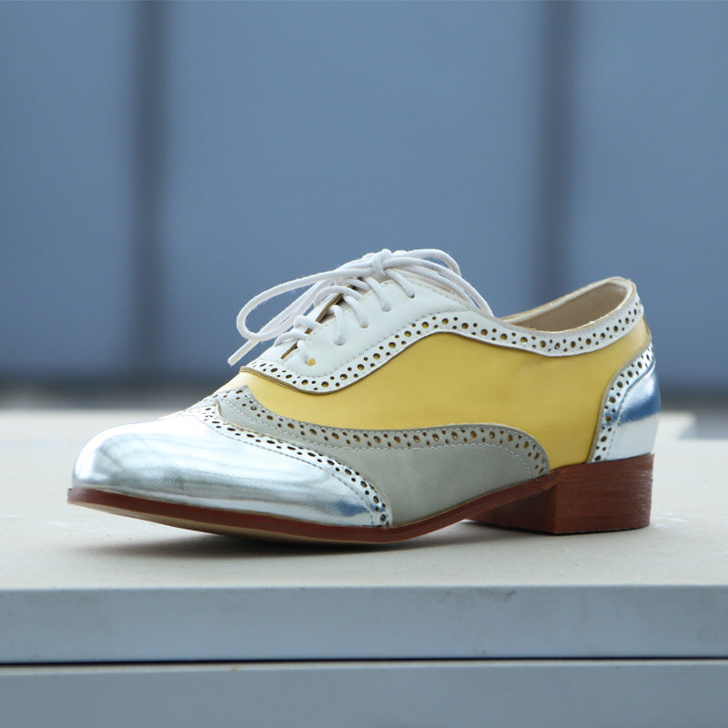 Women's Yellow Lace-Up Block Heel Pumps - Round Toe Low Heel Dress Shoes