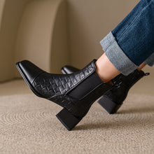 Load image into Gallery viewer, Retro Woven Square-Toe Chunky-Heel Women's Full-Grain Leather Boots with Elastic Side Panels