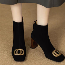 Load image into Gallery viewer, Women's Retro Chunky Heel Short Boots – Square Toe, Metal Buckle &amp; Side Zipper | Suede Upper