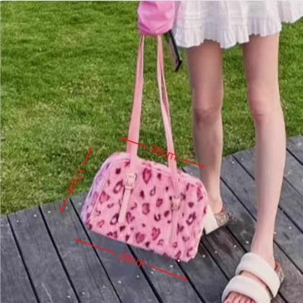 Women's Furry Velvet Shoulder Tote Bag - Plush Leopard Print Handbag with Dual Straps