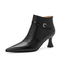 Load image into Gallery viewer, Women's Pointed Toe Chunky Heel Ankle Boots | Slip-On Leather Patchwork | Black &amp; Brown
