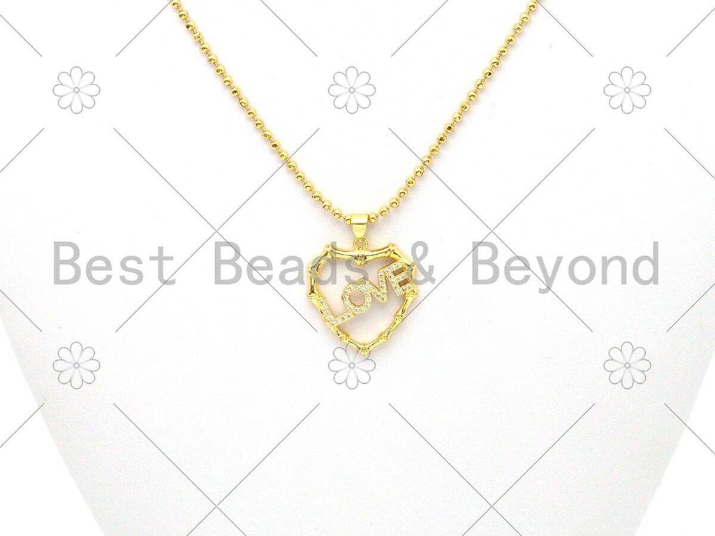 CZ Micro Pave Love On Heart Shape with Bamboo Frame Pendant,18K Gold Filled Heart Charm, Necklace Bracelet Charm Pendant,23x26mm,Sku#LK384
