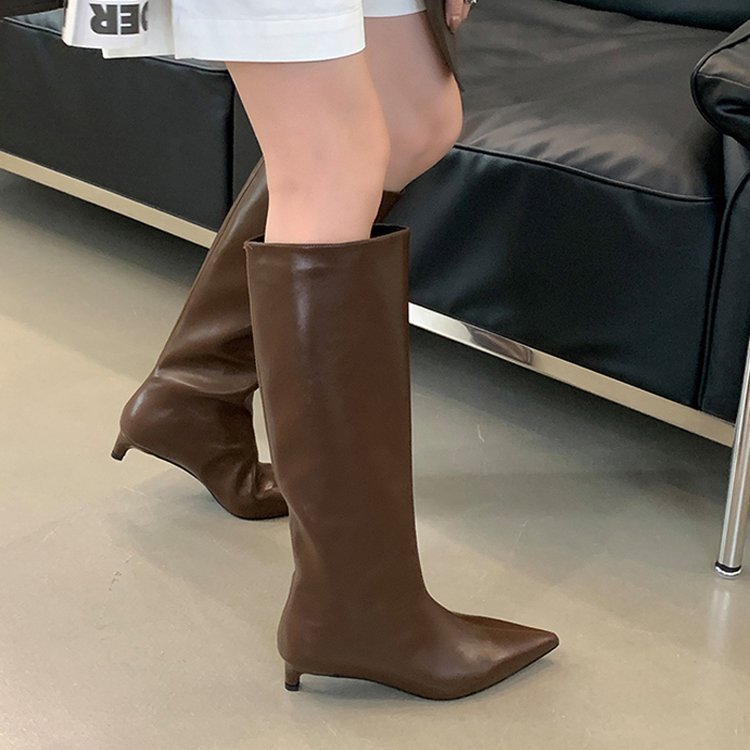 Women's Wide-Calf Knee-High Riding Boots | Pointed Toe Kitten Heel | PU Leather