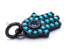 Load image into Gallery viewer, CZ Micro Pave Blue Hamsa Hand Evil Eye Pendant/Charm, Turquoise Cubic Zirconia Pave Bracelet Charms,9x13mm, sku#F339