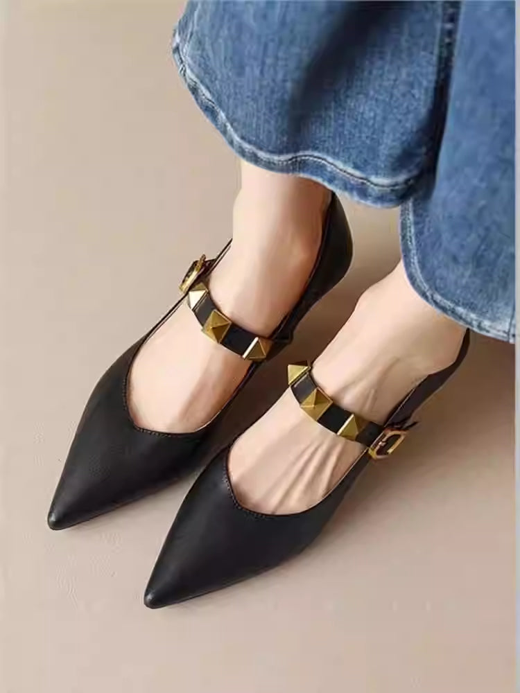 Women's Pointed-Toe Stud Heels | Single-Strap Buckle Flats with Rivet Detail