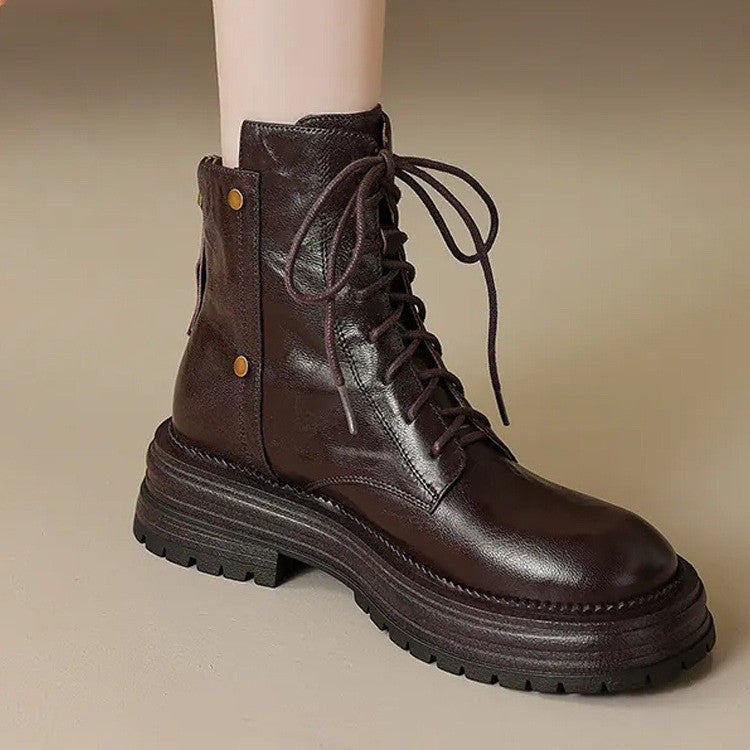 Women's Chunky Sole Lace-Up Ankle Boots - Warm Winter Faux Leather Boots with Tassel Detail