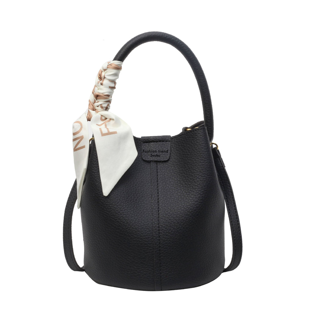 Women's PU Leather Bucket Tote Bag with Silk Scarf Detail – Everyday Shoulder Handbag