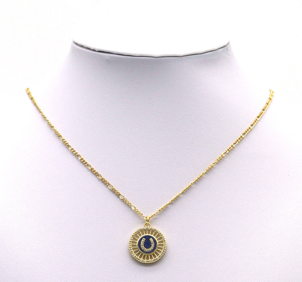 Gold CZ Horseshoe U Shape On Round Coin Charm, Sku#L695