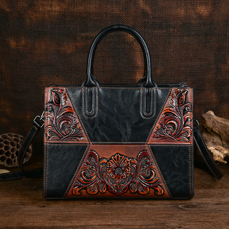 Embossed Patchwork Women's Bag – Large Capacity PU Leather Floral Handbag