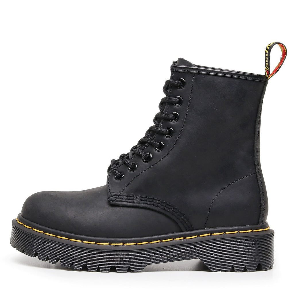 Women's British-Style Full-Grain Leather Biker Boots – Square Heel, Round Toe, Lace-Up