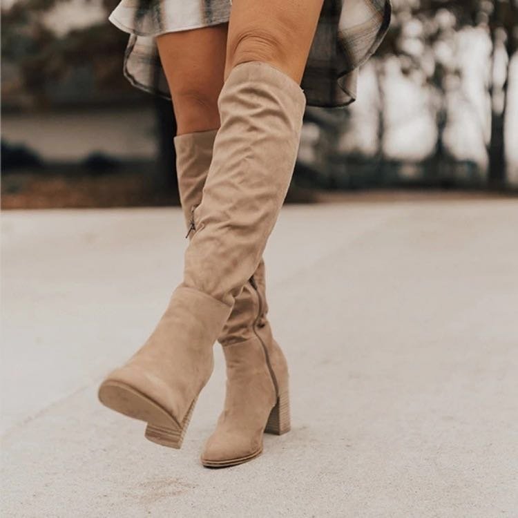 Chunky Heel Thigh-High Boots with Side Zipper for Petite Women | Black Apricot Brown