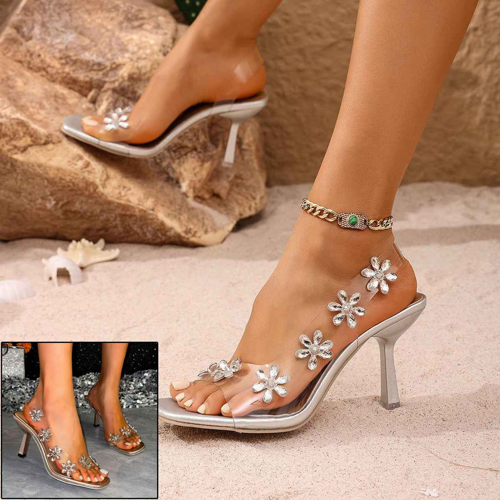 Women's Rhinestone Slingback Heels - Transparent PVC Square Toe High Heel Pumps