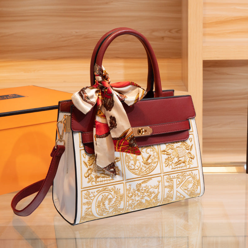 Embroidered Chinese-Style Crossbody Bag for Women - PU Leather Shoulder Bag with Zipper Closure