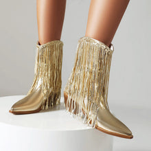 Load image into Gallery viewer, Women's Sequin Tassel Ankle Boots – Pointed Toe Chunky Heel Slip-On Party Boots