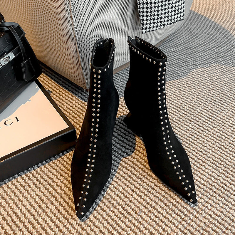 Women's Suede Pointed Toe Chunky Heel Ankle Boots – Back Zipper | Sizes 34–40
