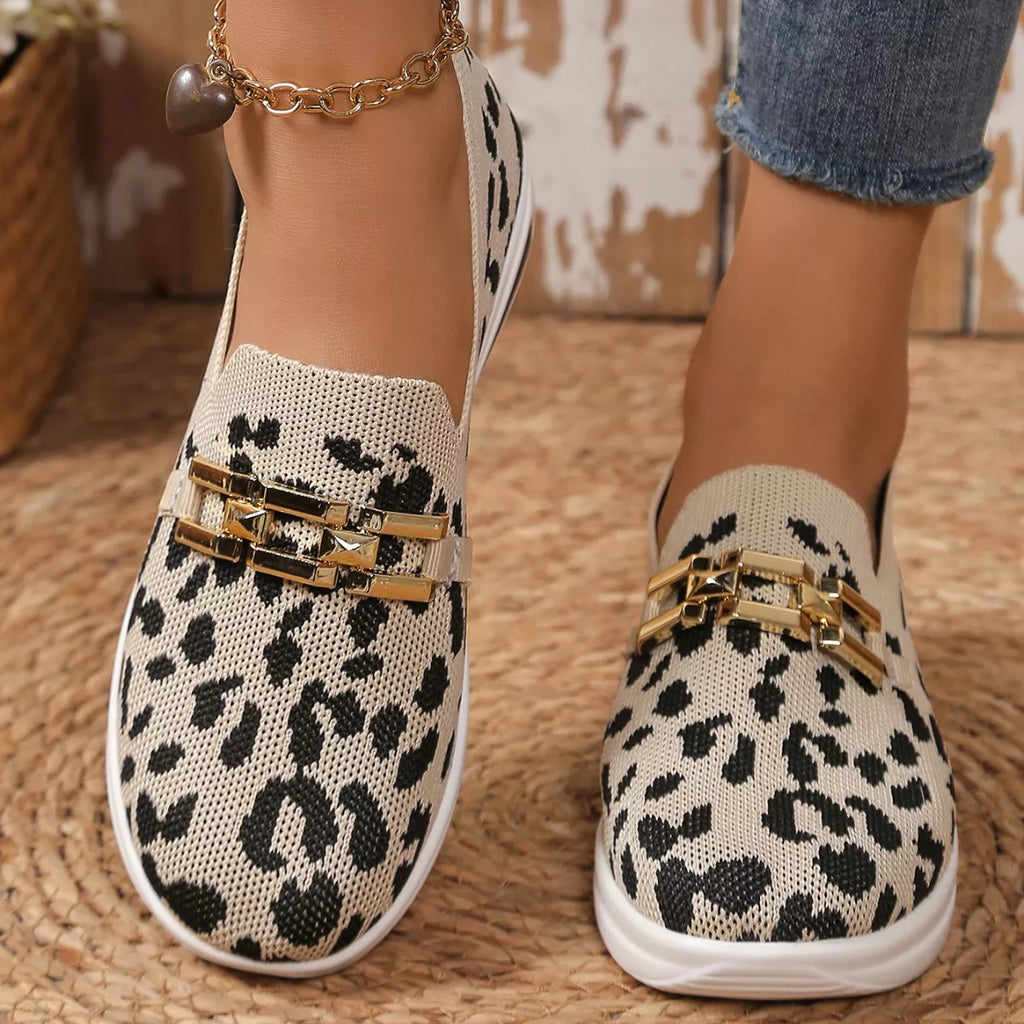 Women's Leopard Print Round Toe Slip-On Flats | Breathable Mesh Casual Shoes