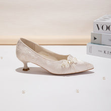 Load image into Gallery viewer, Women's Jacquard Pointed-Toe Kitten Heel Pumps | Floral Pearl Satin Dress Shoes
