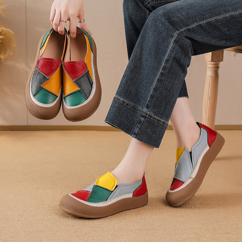 Women's Genuine Leather Patchwork Color-Block Loafers | Slip-On Round Toe Low Heel Shoes