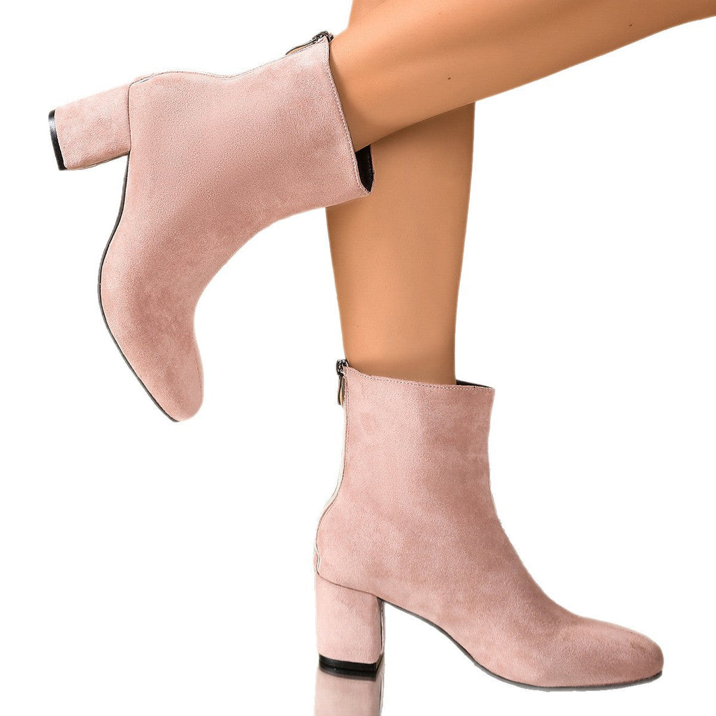 Women's Faux Suede Square-Heel Ankle Boots with Back Zipper