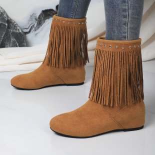 Women's Studded Tassel Mid-Calf Boots - Wedge Heel Suede Boots with Metal Accents