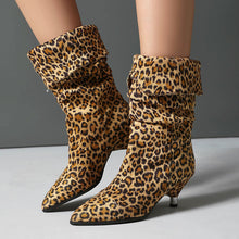 Load image into Gallery viewer, Women's Leopard Print Stiletto Heel Ankle Boots – Pointed Toe, Suede Upper, Turned-Over Cuffs