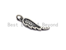 Load image into Gallery viewer, Rhidium CZ Micro Pave Angel Wing Pendant/Charm, Antique Silver Color Wing, Cubic Zirconia Pendant Charm, 6x23mm,sku#X116