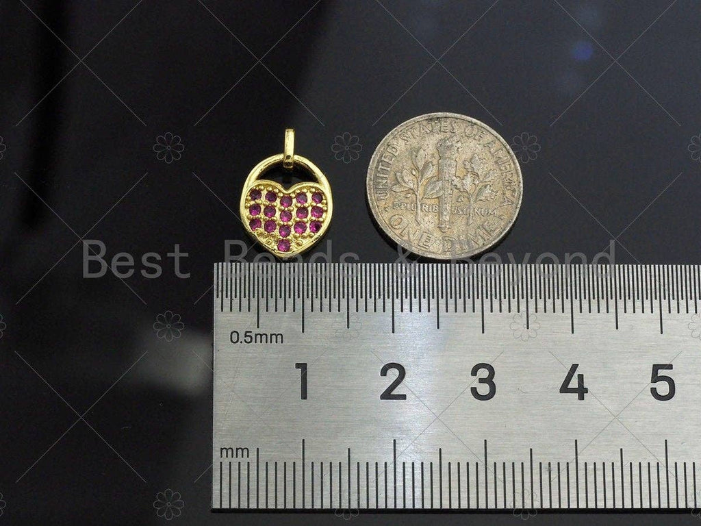 CZ Micro Pave Fuchsia Heart Lock Charm, Fuchsia CZ Heart Charm, Lock Pave Pendant, Gold Lock, 11x15mm, Sku#LK79