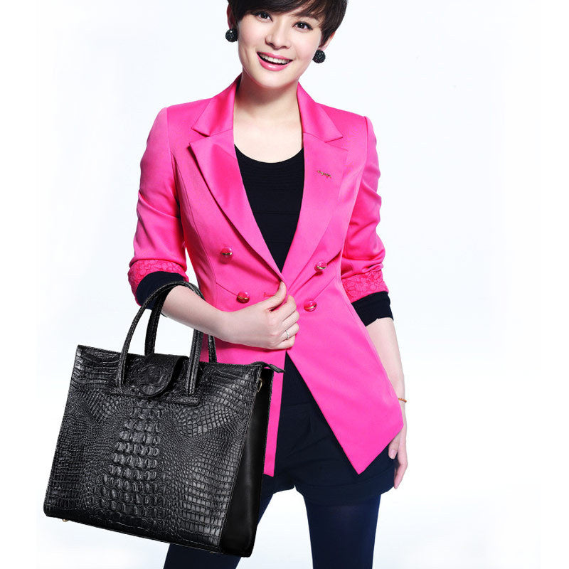 Women's Large Capacity Genuine Leather Tote Bag – Crocodile Pattern Business Shoulder Bag