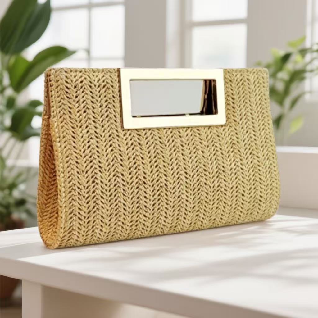 Women's Woven Chain Clutch Bag - Elegant Evening Handbag with Metal Accents